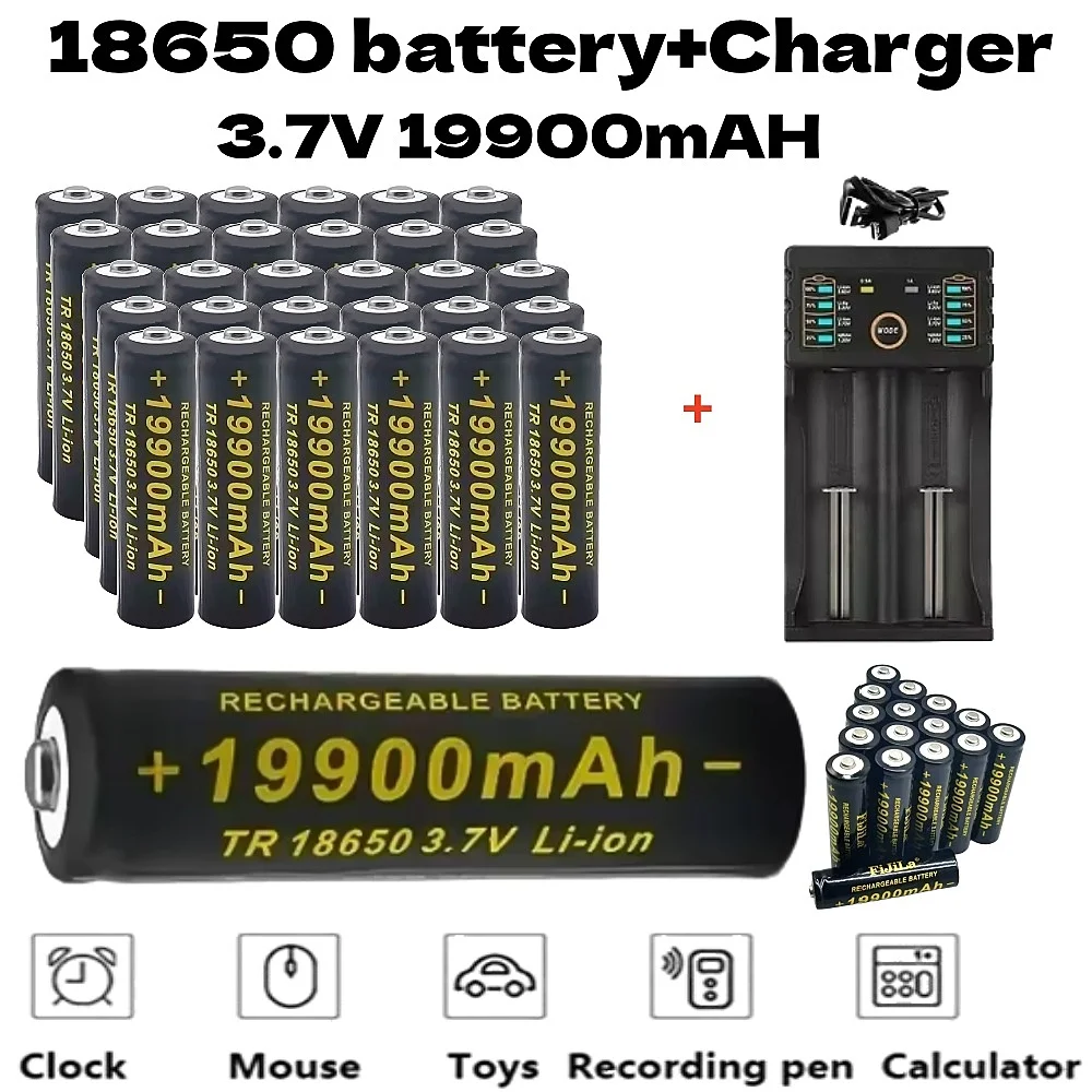 100% nowa akumulatorowa bateria 18650 3,7 V 19900 mAh do latarki z ładowarką 201