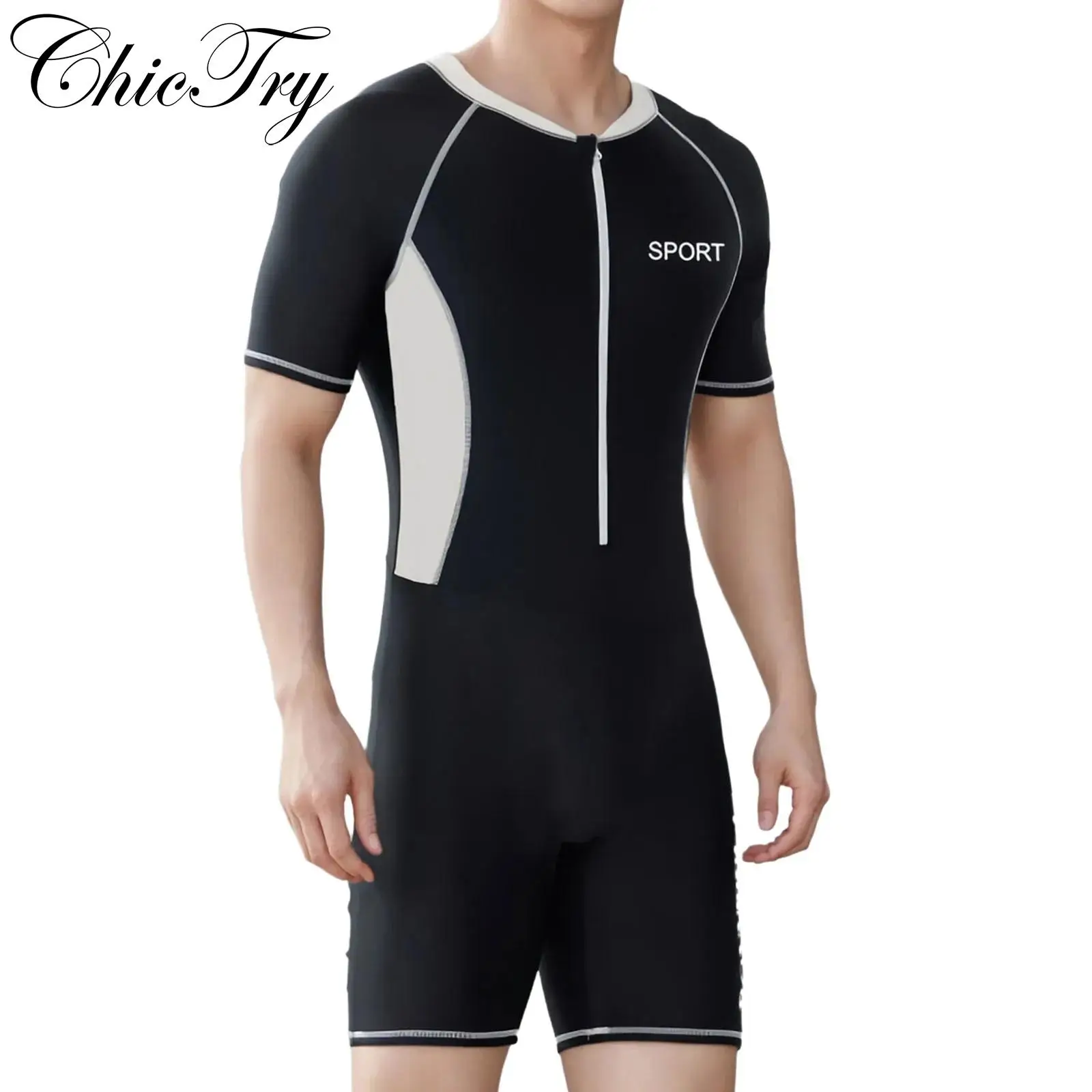 

Mens Swim Leotard Summer One-Piece Rash Guard Swimsuit Bathing Suit Beachwear Swimwear Short Sleeve Front Zipper Jumpsuit Romper