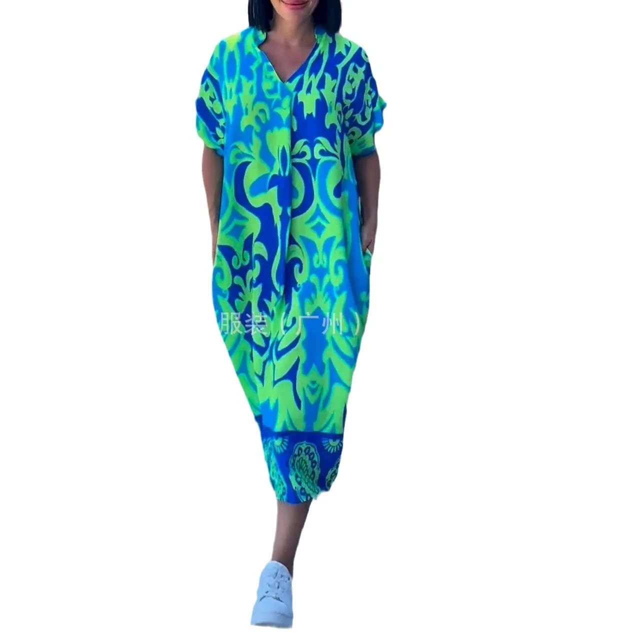 ريترو موضة الربيع الخامس الرقبة فساتين الحفلات امرأة أنيقة الأزهار طباعة ألف خط فستان طويل 2025 الصيف قصيرة الأكمام فضفاضة بوهو فستان