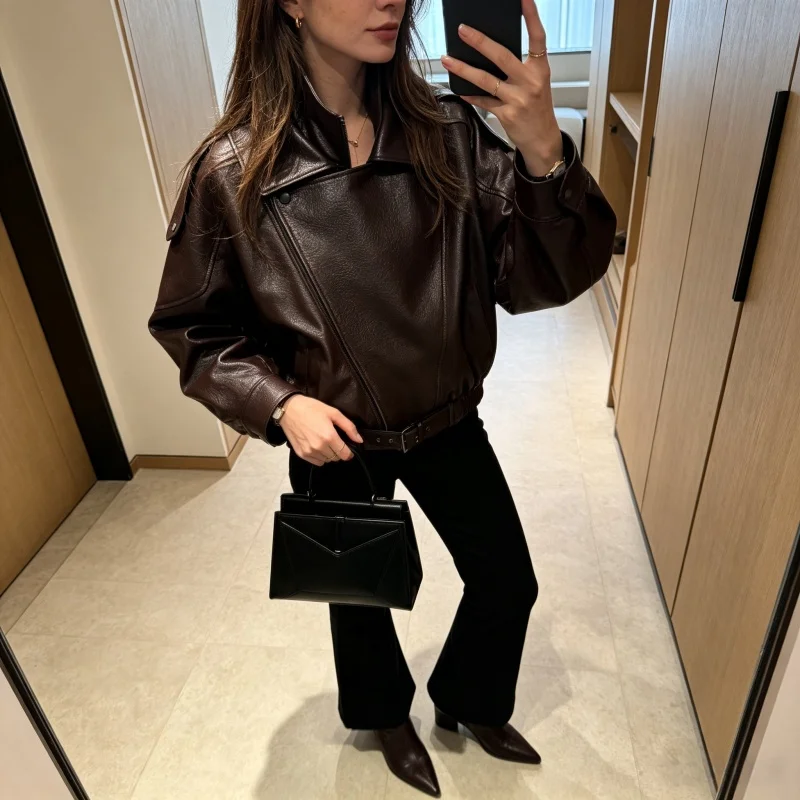 Female High Neck Long Sleeves Coat With Pockets PU Leather Zipper Outerwear Soft And Comfortable Women Daily Jacket Loose Fit