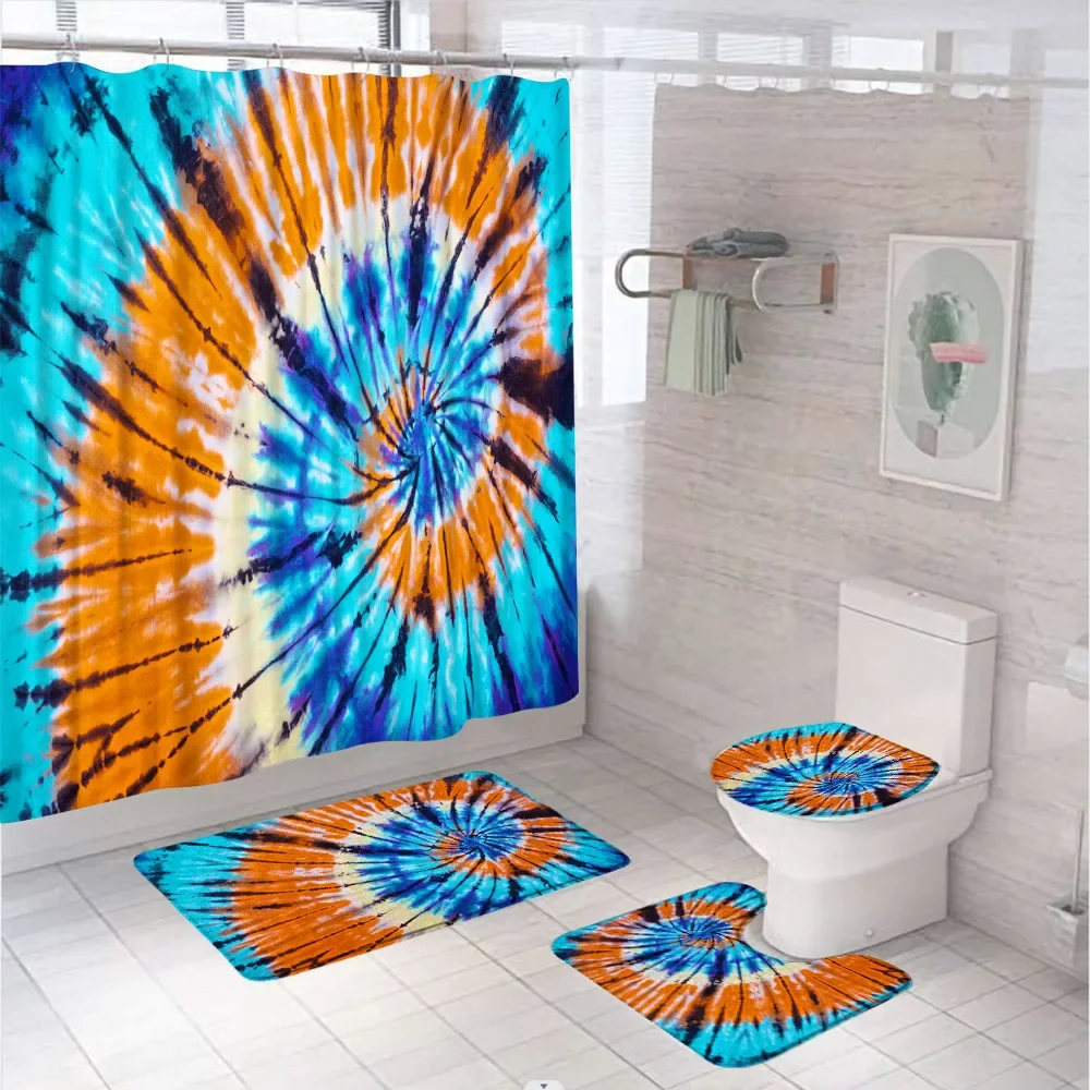 Abstarct Spiral Watercolor Tie Dye Shower Curtain Sets Colorful Rainbow Bathroom Decor Curtains With Rugs Toilet Cover Bath Mat