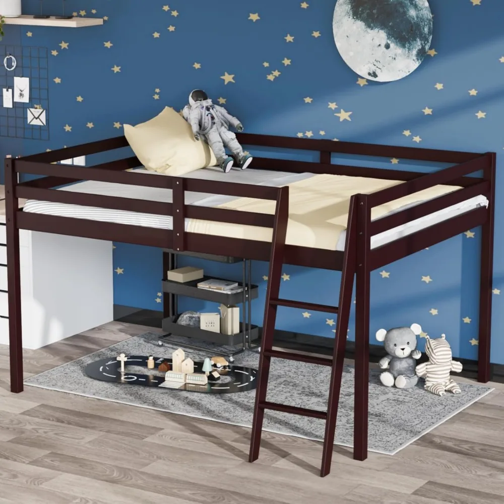 47'' Tall Junior Low Loft Bed with Stairs, Wood Loft Bed Twin Size for Adults, Kids and Young Teens