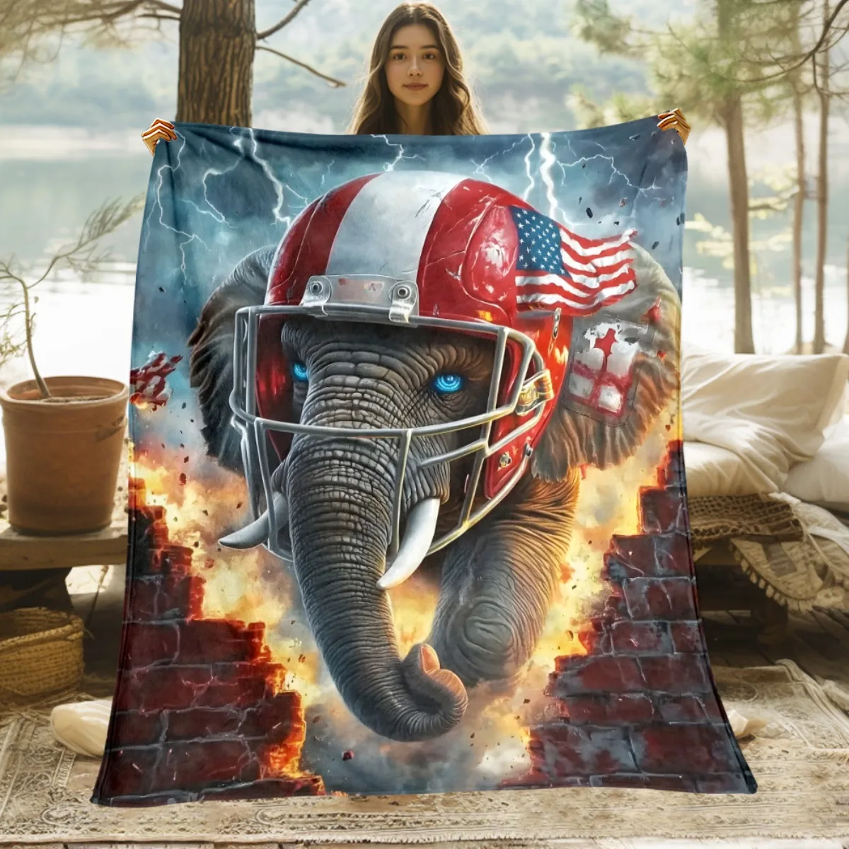 American flag elephant football helmet patriotic bold design blanket flannel throw blanket USA national pride gift for fans
