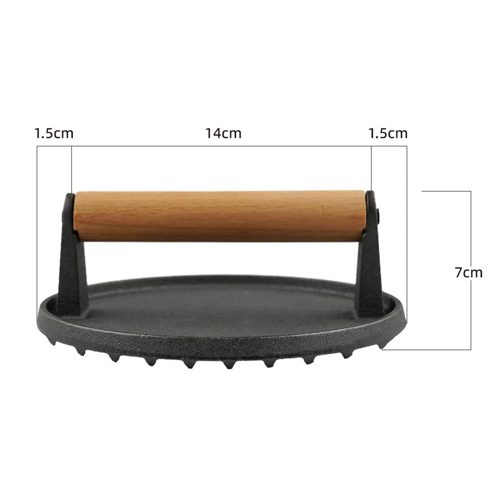 

Cast Iron Round Meat Pressing Plate Wood Handle Burger Bacon Press Griddle Non-stick Pressing Frying Pan for Outdoor Barbecue