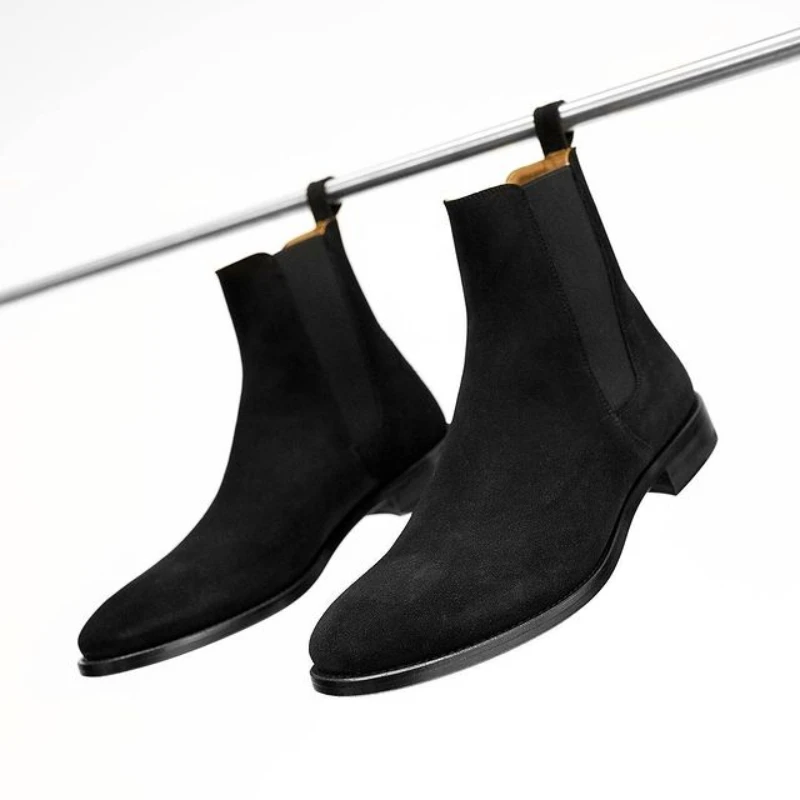 New Chelsea Boots for Men Business Flock Round Toe Slip-On Solid Men\'s Formal Boots Size 38-48 Mens Boots
