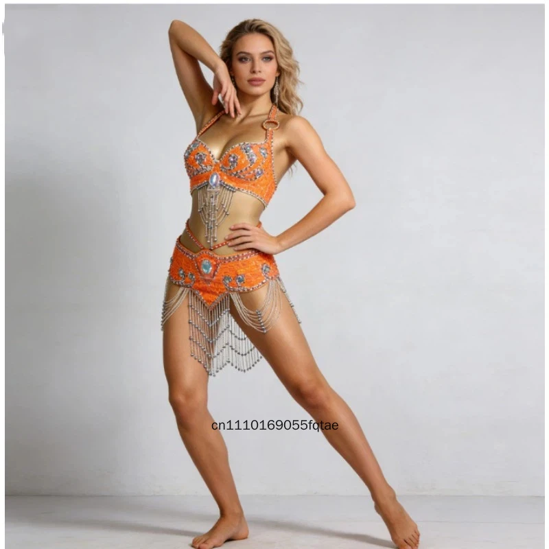 Women Beaded Sequins Belly Dance Costume Set Bra Belt Samba Outfit Oriental Dancewear Club Party Performance 34B 36B 38B 40B