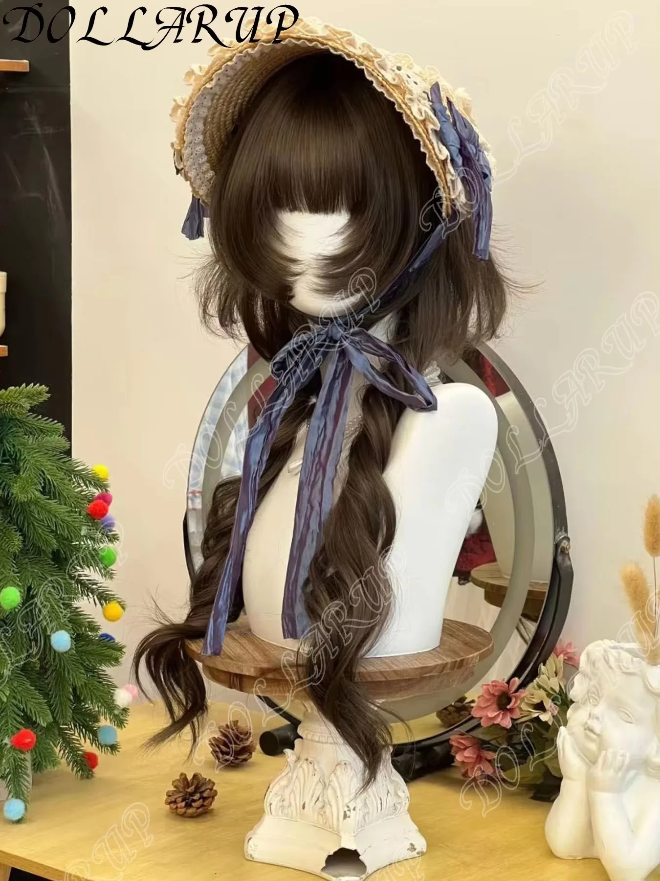 JKL الانفجارات المحطمة مع سوالف بني أسود 50 سنتيمتر ذيل حصان مزدوج طويل مجعد الشعر لوليتا شعر مستعار مع الانفجارات شعر مستعار اصطناعي ل #6