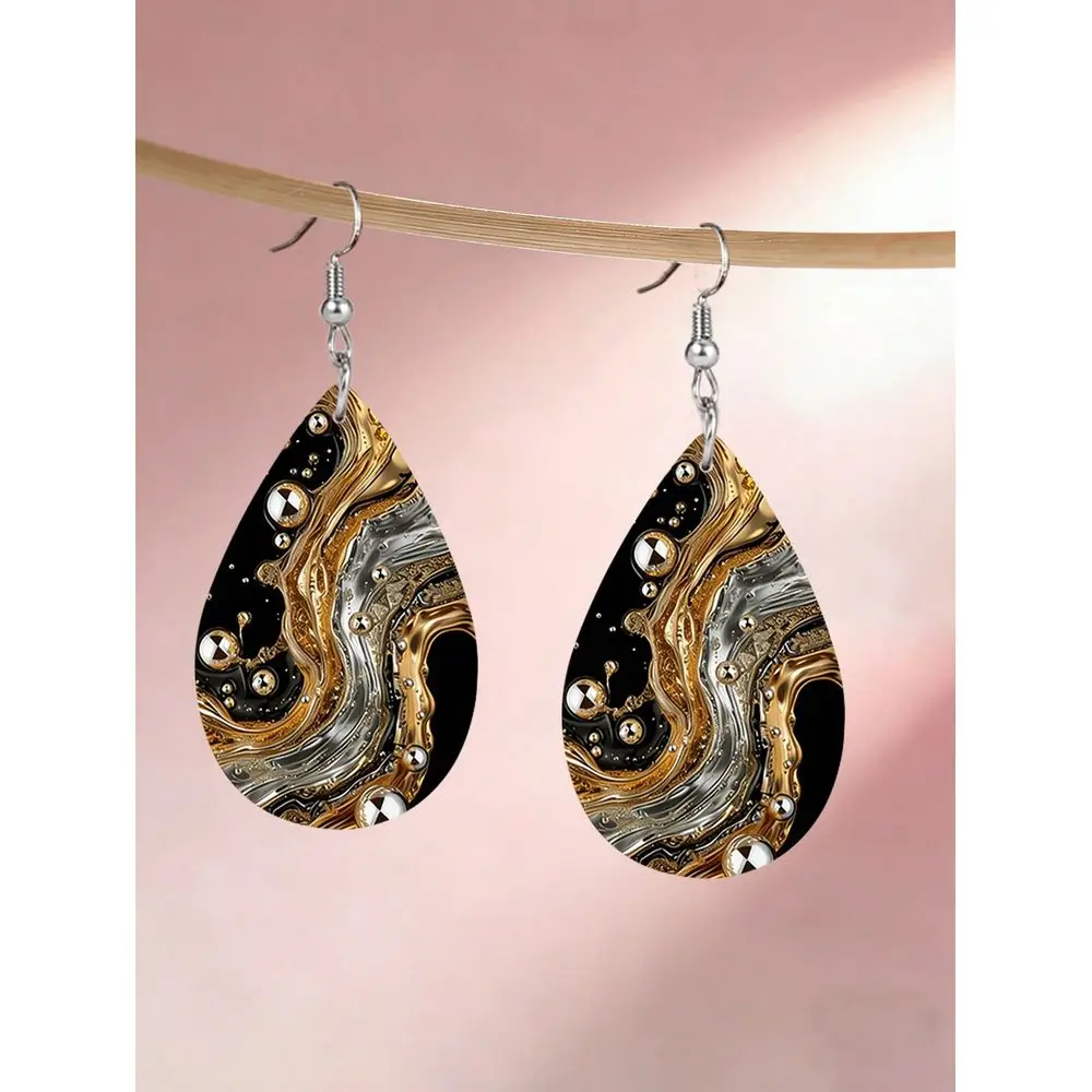 

Pair Luxury Black Golden Marbling Texture Teardrop Earrings For Women, Lightweight PU Leather Dangle Earrings, Soft Fashion Jew