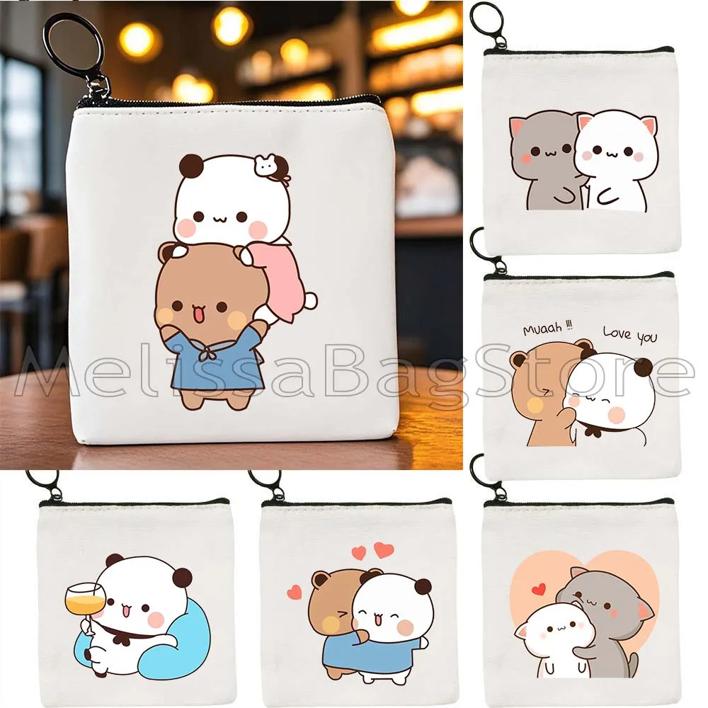 Aesthetic Cute Couple Bears Kawaii Animal Cartoon Lovely Printed Canvas Coin Purse Bag Small Square Key Storage Bag Wallet Pouch