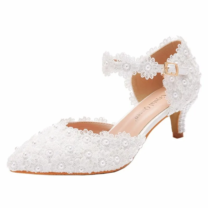 High Heel Women Sandals Summer Buckle Strap Pumps Wedding Lace Pearl PU 5.5CM Thin Heels Pointed Toe Dress Woman Shoes White