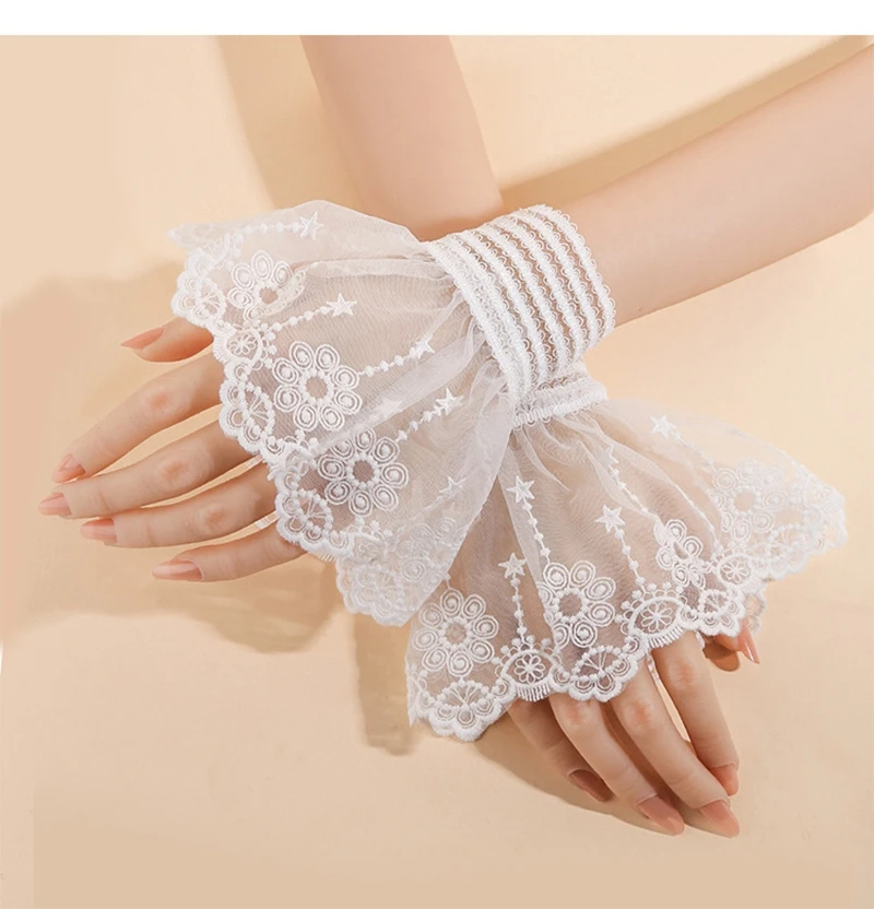 الدانتيل الأبيض تكدرت الأكمام وهمية شبكة مطرزة انفصال المعصم الأصفاد الزفاف حفل زفاف لوليتا زي التبعي