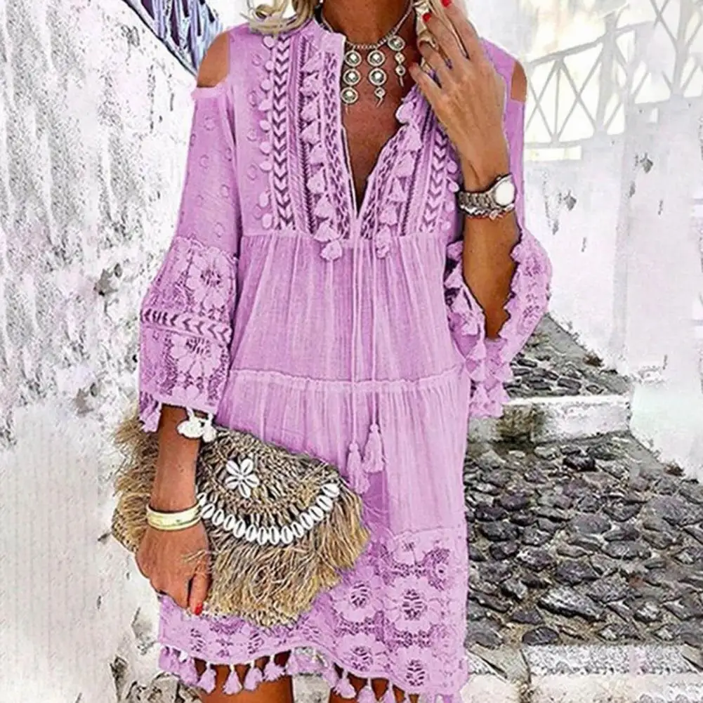 Boho Dress V Neck 3/4 Sleeve Cold Shoulder High-Waist Floral Print Casual Tassel A-line Loose Dress Female Clothing 보헤미안 원피스