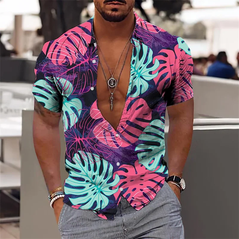 Men\'s Hawaiian Shirts Floral Leaves Elegant Flower Pattern High Quality Society Social Casual Vacation Fashion Luxury Clothing