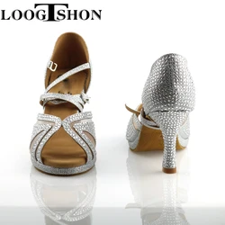 Loogtshon salto sapato para mulher salsa sapatos de dança mulher sandálias com plataforma prata sapatos de dança strass desempenho interior