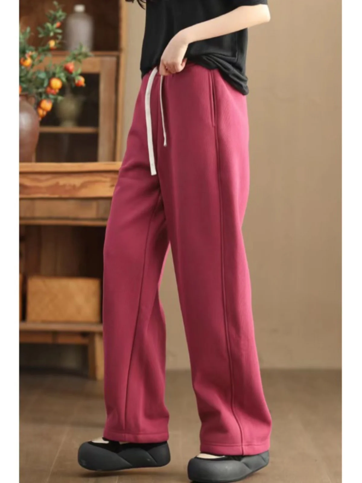 Women's Fce Lined Elastic Waist Wide Leg Pants Winter High Waist Drapey Straight Casual Thiened Warm Trousers