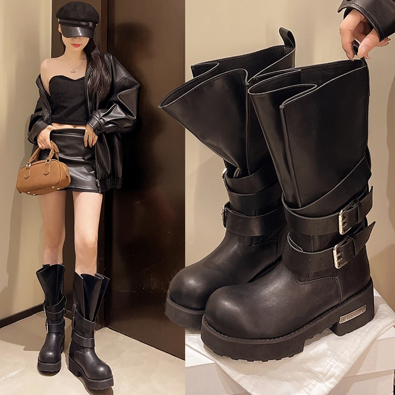 

2025 новый дизайн, женские сапоги до колена с круглым носком и пряжкой, модные высокие сапоги на низком каблуке, весенне-осенняя обувь