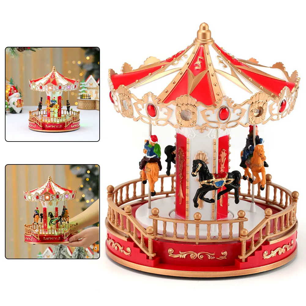 Holiday Decor Carousel Music Box with Light and Music Operated by USB and Batteries Featuring Multiple Switch Modes