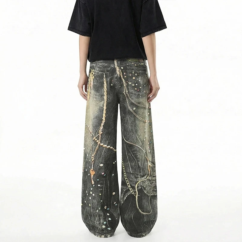 Avant-Garde Men's Jeans Metal Chain Rhinestone Printting Embellished Washed Black Wide Leg Fit Streetwear Pants view 5