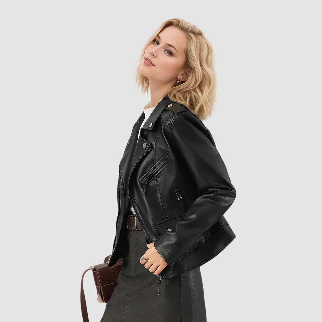 Women Coats Faux Leather Jackets Turn Down Collar Short Coat Tight Waist Y2k Streetwear Jacket Zipper Outerwear Autumn Winter