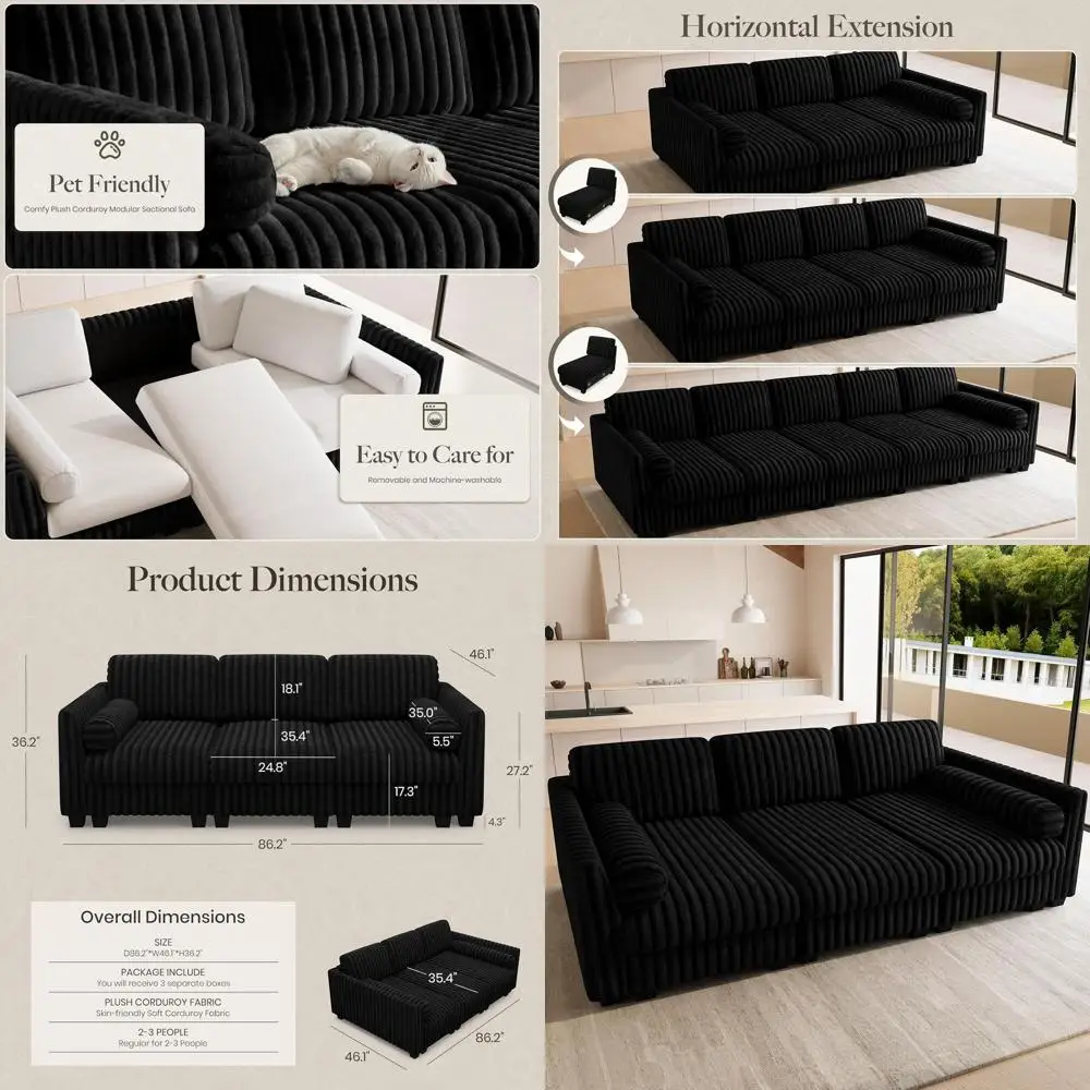

Deep Seated Plush Corduroy Sectional Sleeper Sofa for Living Room in Black