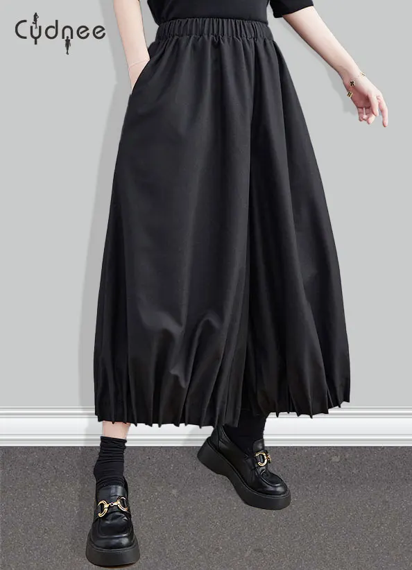 Black Gaucho Palazzo Pants for Women Wide Leg Dress Pants High Waisted Dressy Trousers Tall Plus Size Bloomers with Pockets