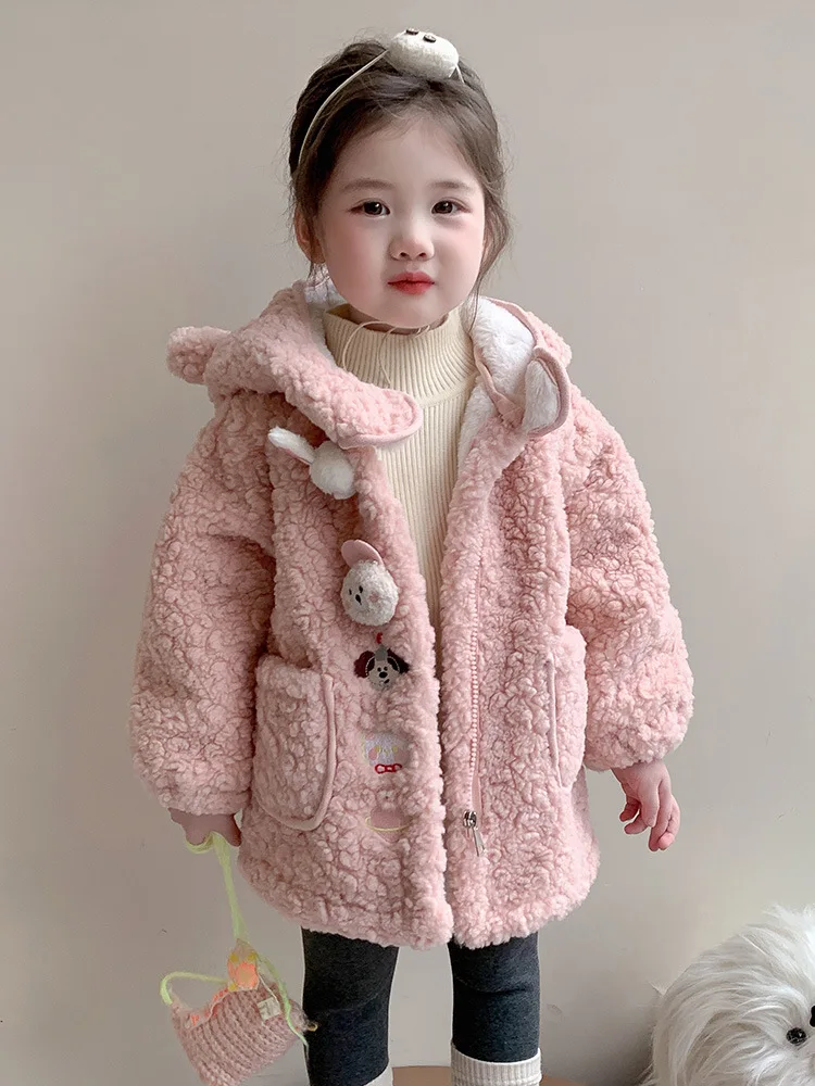 Girls' Fur Coat Autumn and Winter 2024 New Thickened Little Girl Winter Coat with Fleece Children's Warm Top