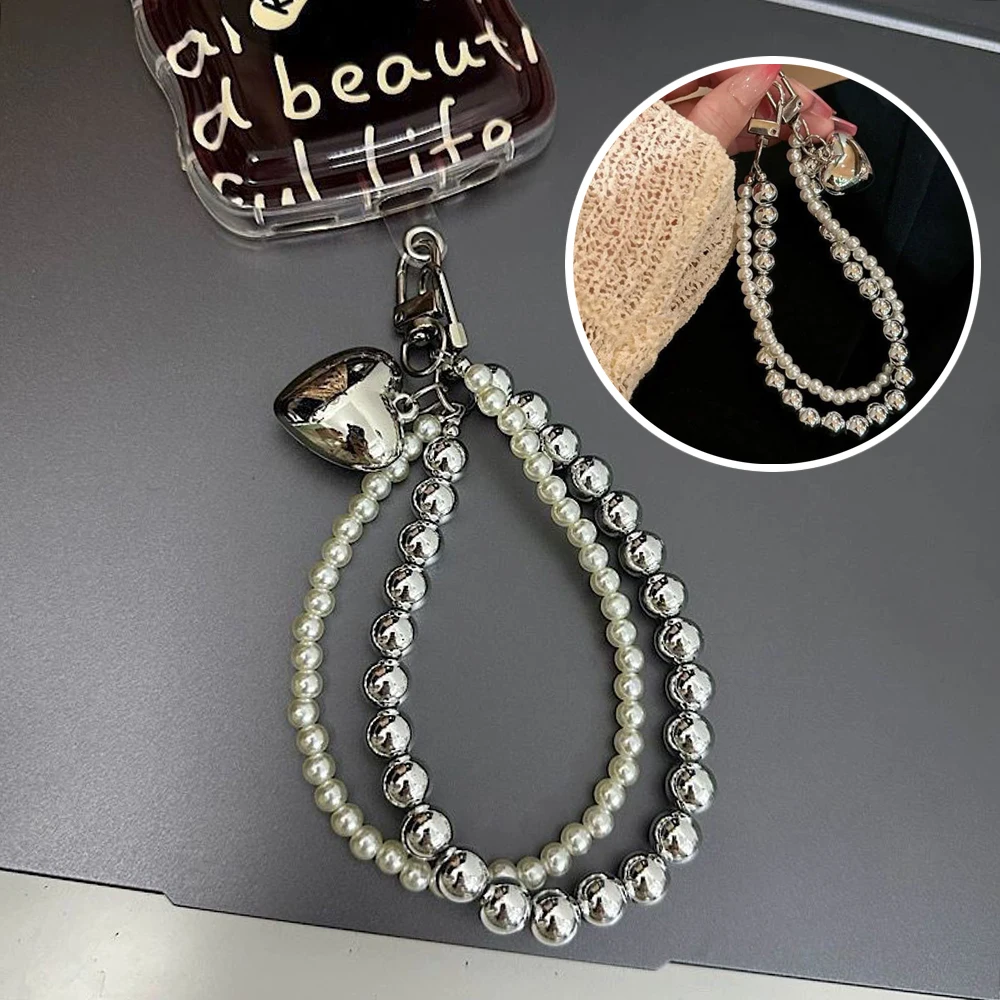 Heart Bead Phone Charm Keychain Y2k Double Layer Keyring Camera Bag Backpack Pendant Key Chain Hanging Accessories