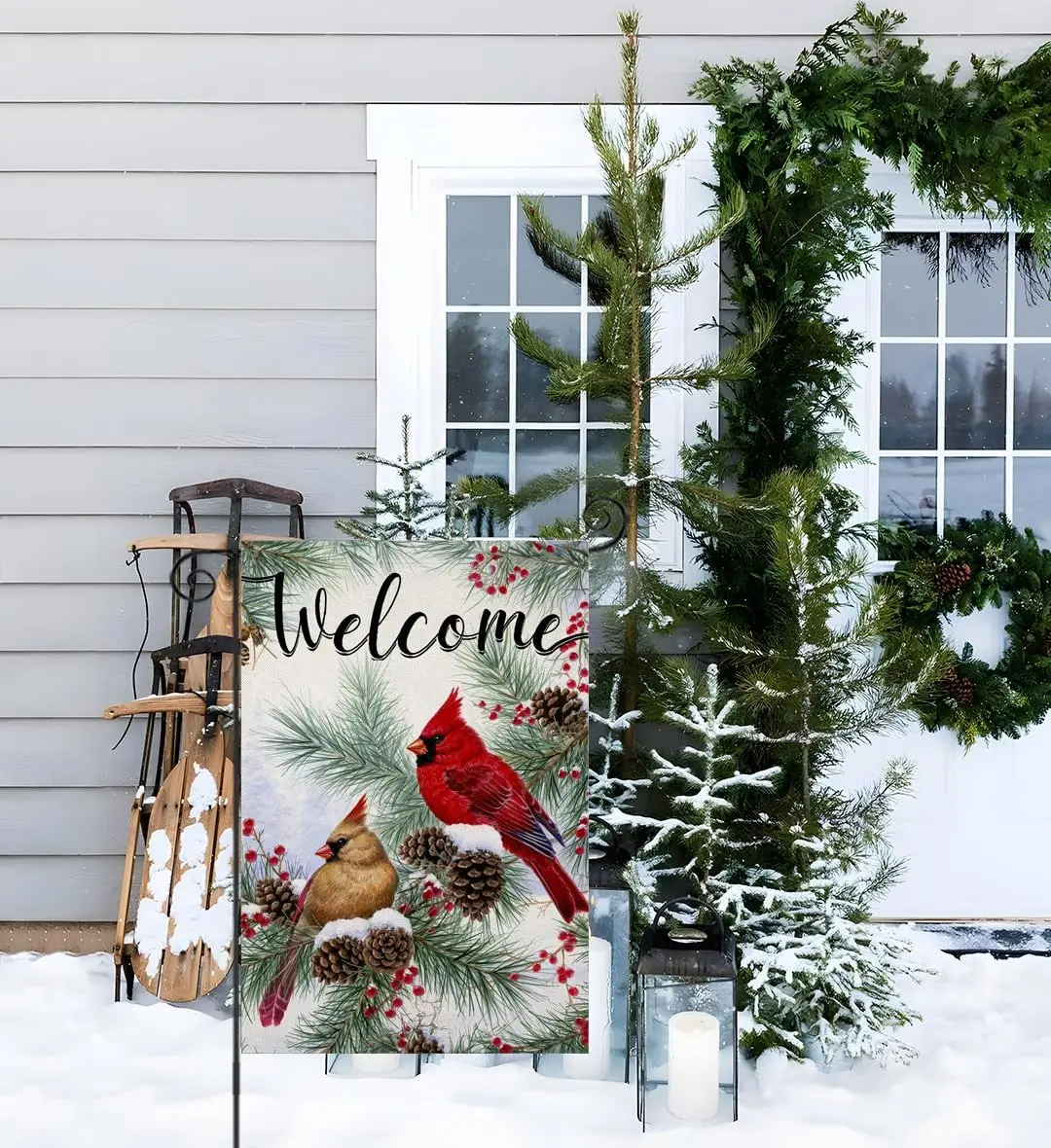 Winter Welcome Garden Flags Cardinal Pine Twigs Berry Small Yard Banner Making Charming Decoration For Any Backyard Or Lawn