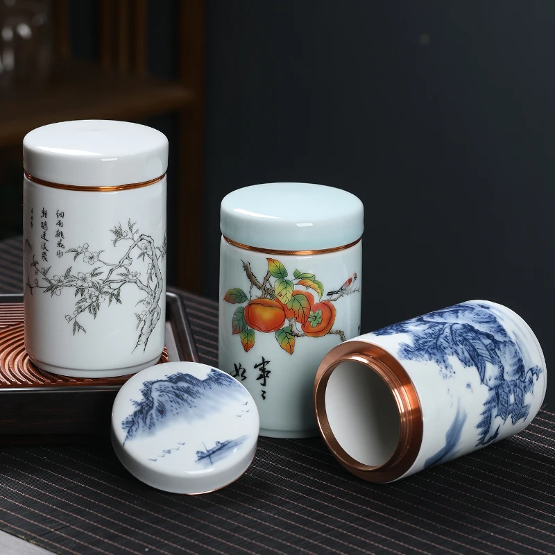 Cylindrical Jewelry Box Ceramic Tea Can with Lid Blue and White Persimmon Candy Nut Coffee Beans Medicinal Material Storage