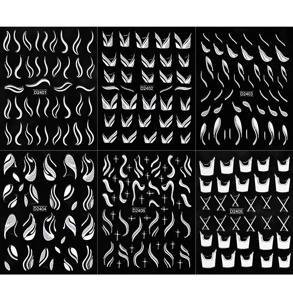 6 Pz/set 10*8 cm 3D Argento Glitter Linea Francese Unghie Adesivi Riflettenti Linea Onda Irregolare Idee Decalcomanie Per Unghie Manicure FAI DA TE Decor