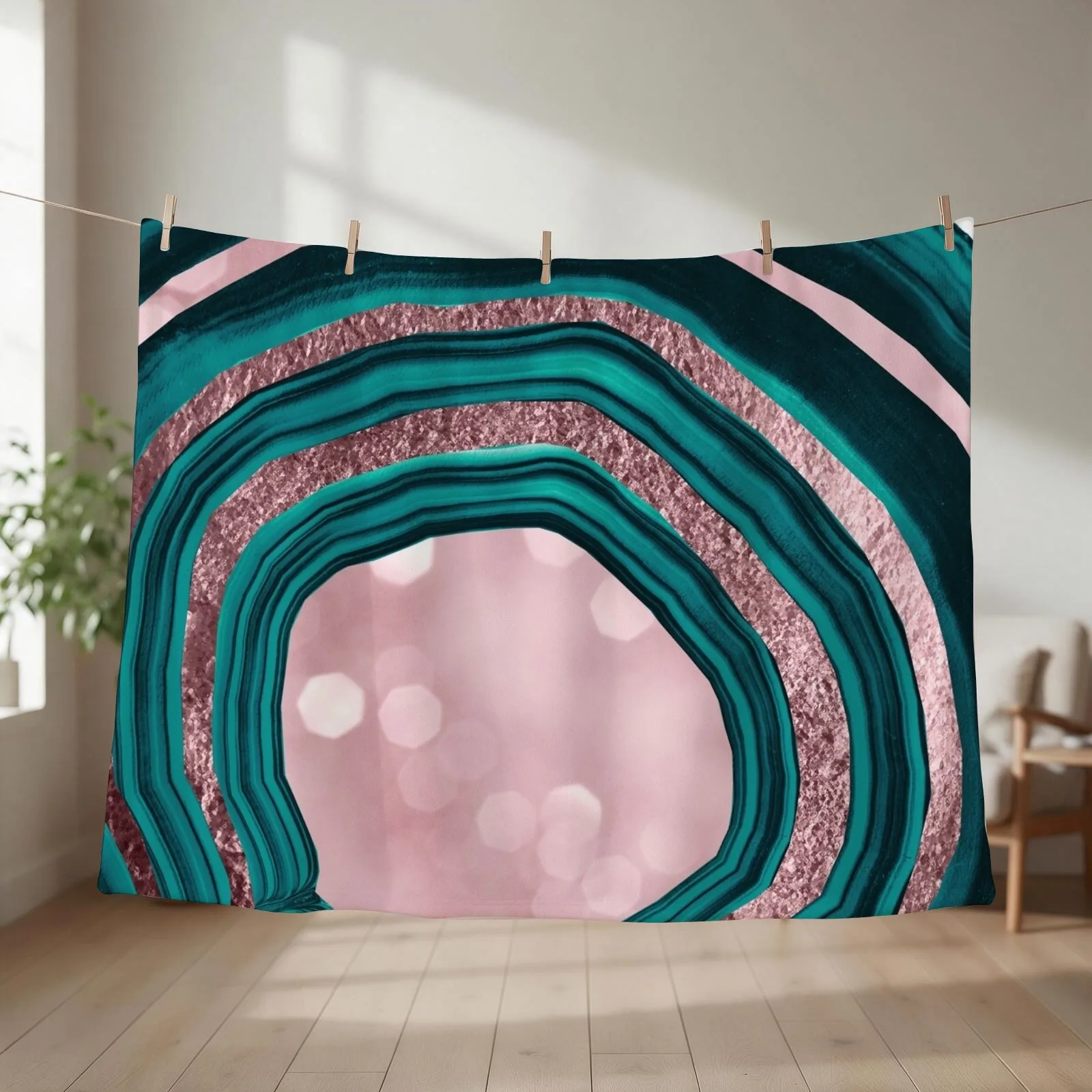 New Agate Teal Rose Gold Blush #1 #abstract #shiny #decor #art Throw Blanket couch cozy soft plush fuzzy picnic outdoor blanket