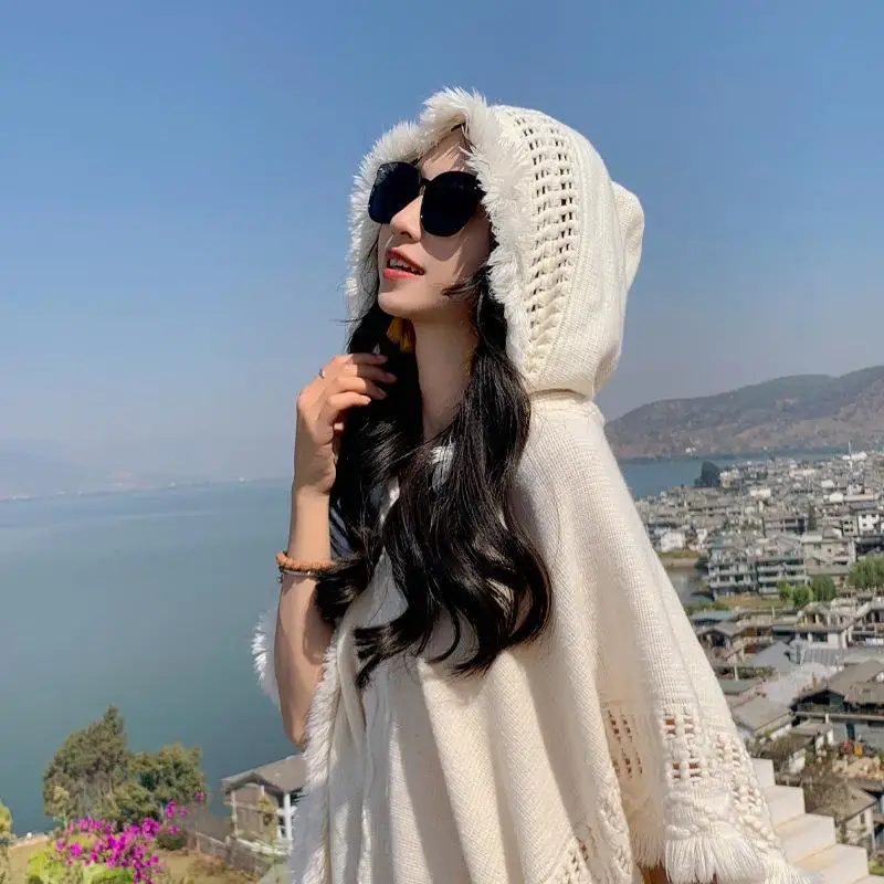 

Women's Autumn Winter Knitted Scarf Shawl Bohemian Warm Poncho Cloak Retro Montage Luxury Lady Poncho Windproof Winter Clothing