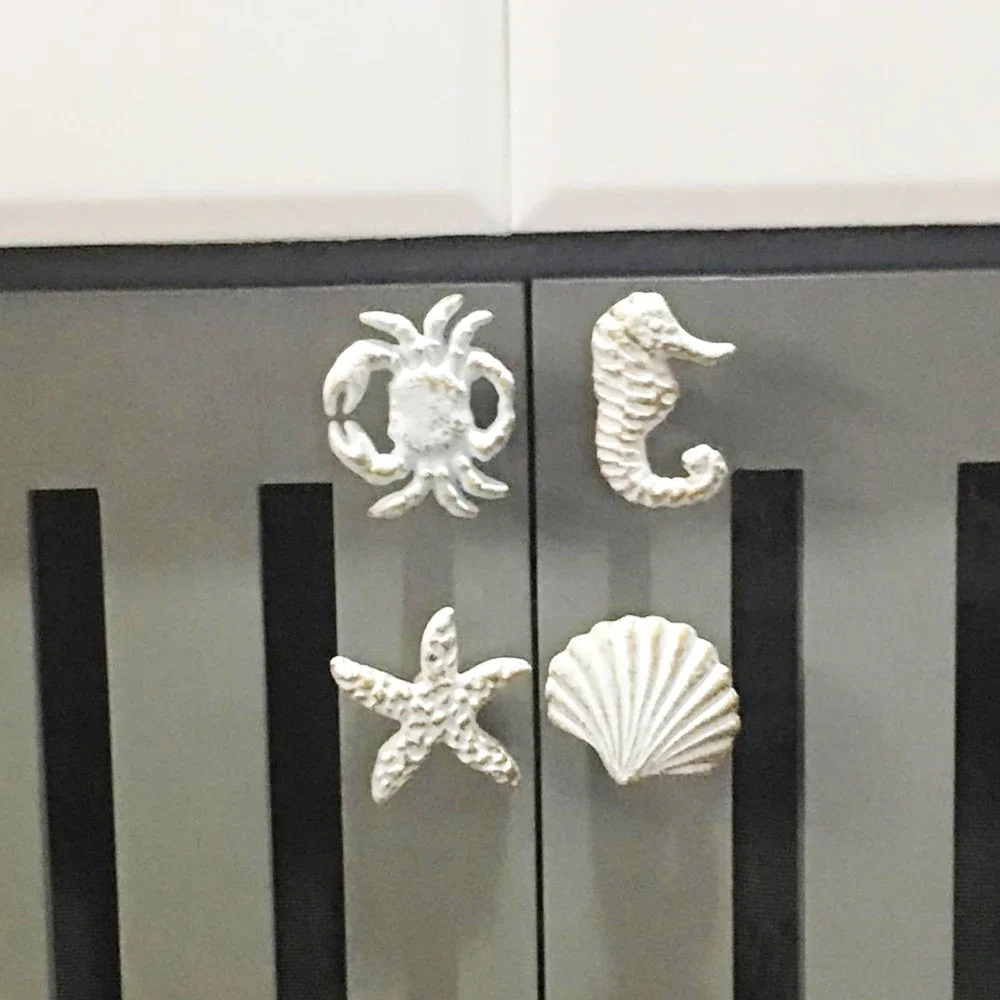 4pcs/set Mediterranean Blue/White Iron Knob Sea Horse/Crab/Shell/Starfish Handle Hook Drawer/Cabinet Pull Home Decor Furniture