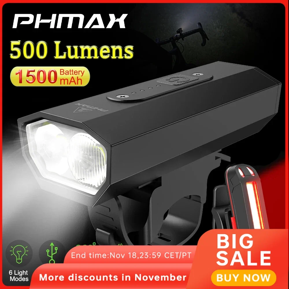 PHMAX Rechargeable Bike Light Set 6 Modes Cycling Lights Front and Back Illumination Waterproof Lightweight Bicycle Light