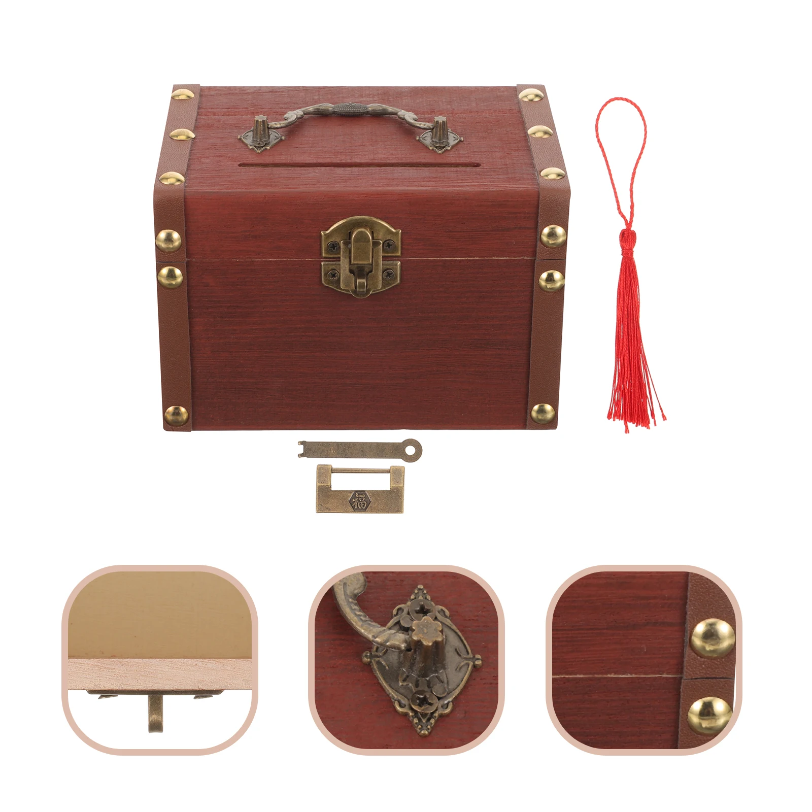 

1 set Portable Wooden Savings Box with Lock for Child Small Size Dark Color Carving Design Storage Container Money Holder