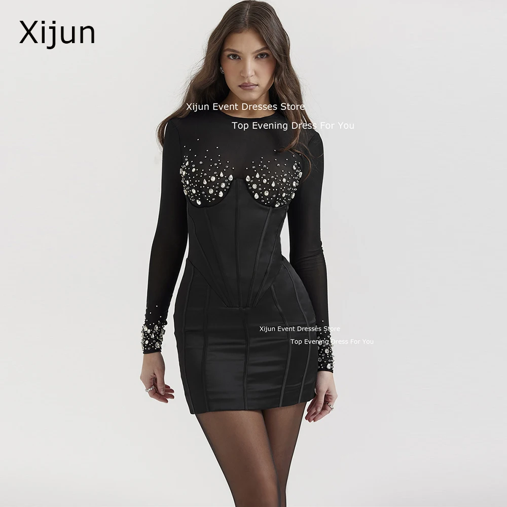 Xijun Black Hcb Sexy Mini Evening Dresses Long Sleeves Rhinestone O-Neck Prom Dresses Club Night Coaktail Dresses For Women 2024