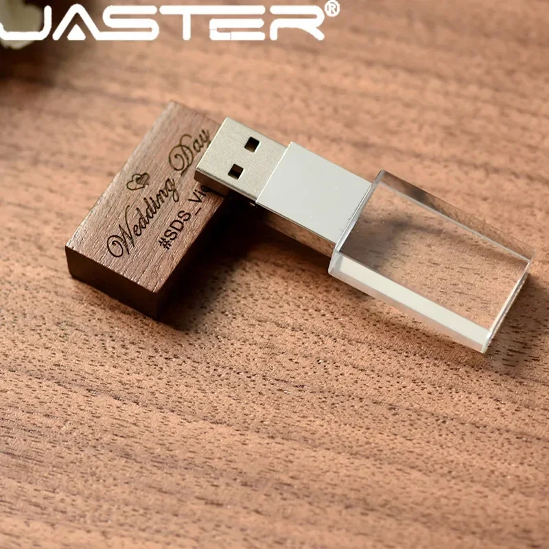 JASTER Wood Crystal USB Flash Drive Creative Gifts Pen Drive  Free Custom Logo Memory Stick Wedding Gift Pendrive 32GB 64GB 16GB