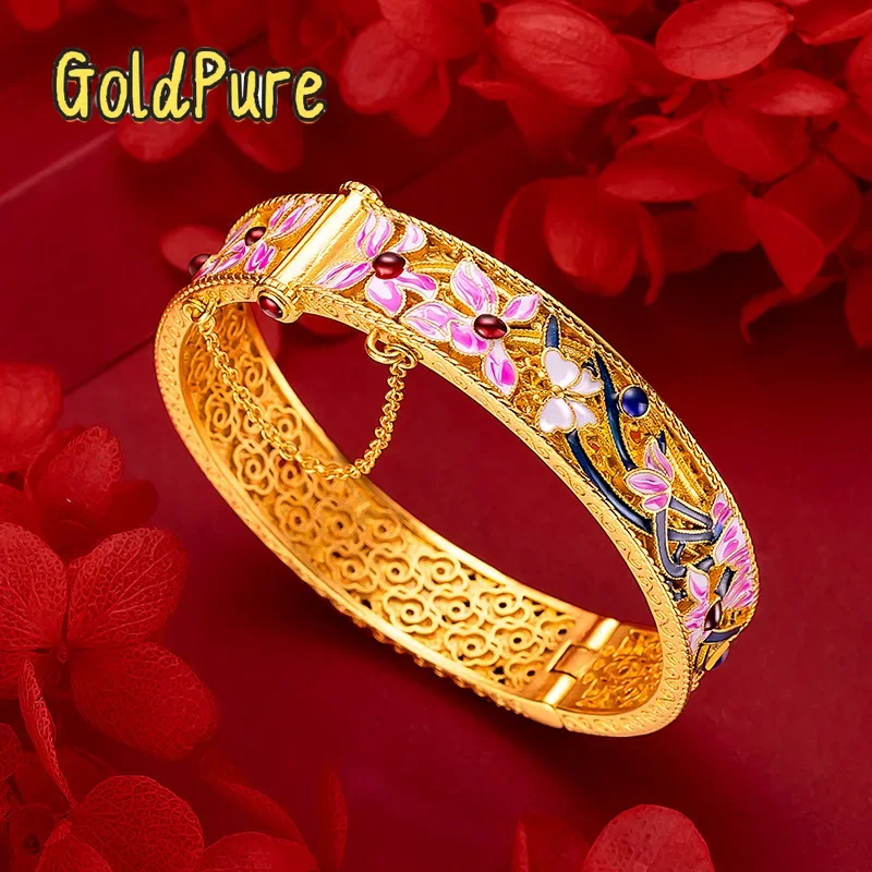 

Goldpure Women 9999 24K Real Gold Vintage Burnt Blue Cloisonn Orchid Bracelet Vintage Court Style Buckle, Huizhi Orchid Heart En