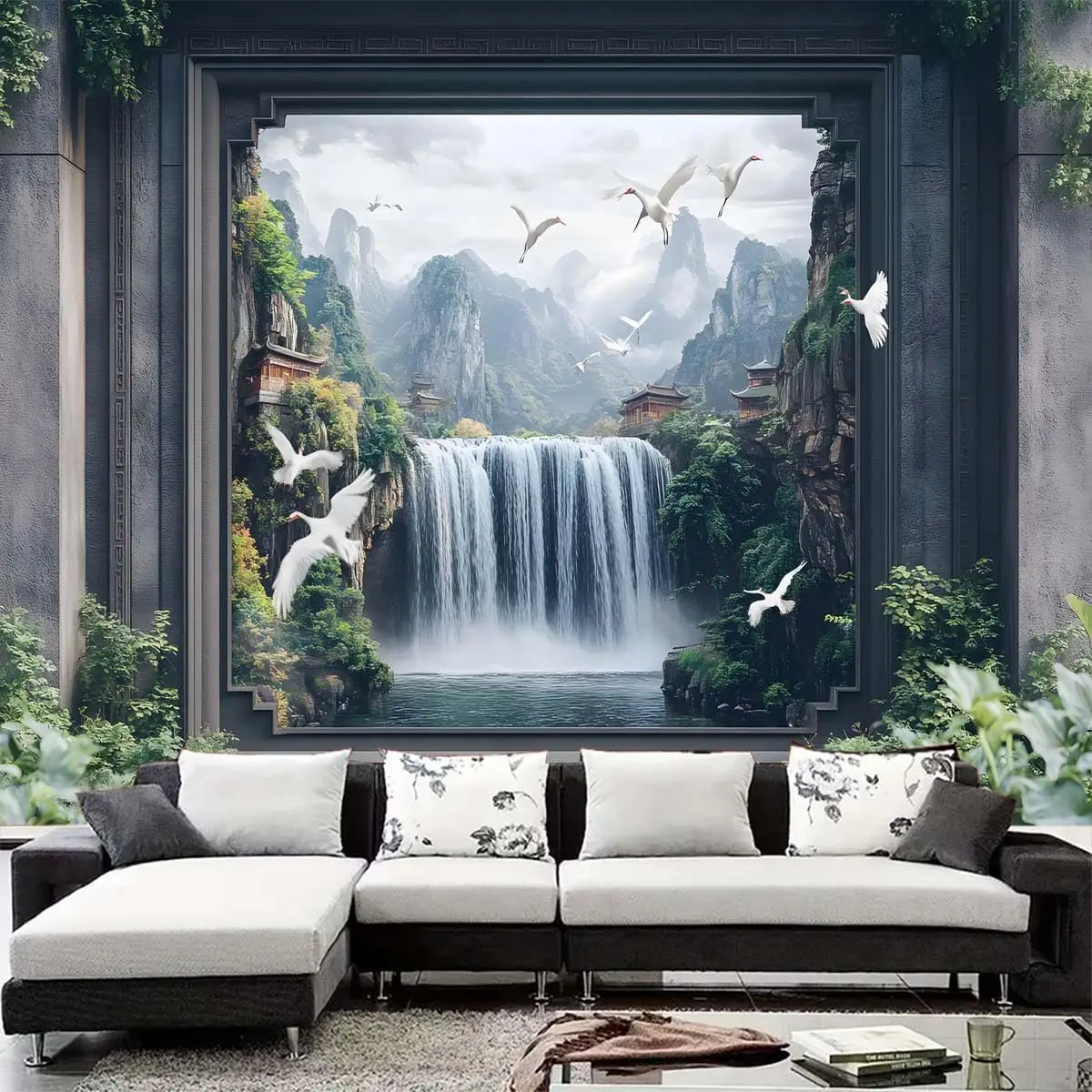 Chinese Watercolor Wall Tapestry Misty Foggy Waterfall Mountains Lakes Wall Art Cranes Scenic Landscape Wall Hanging Asian China