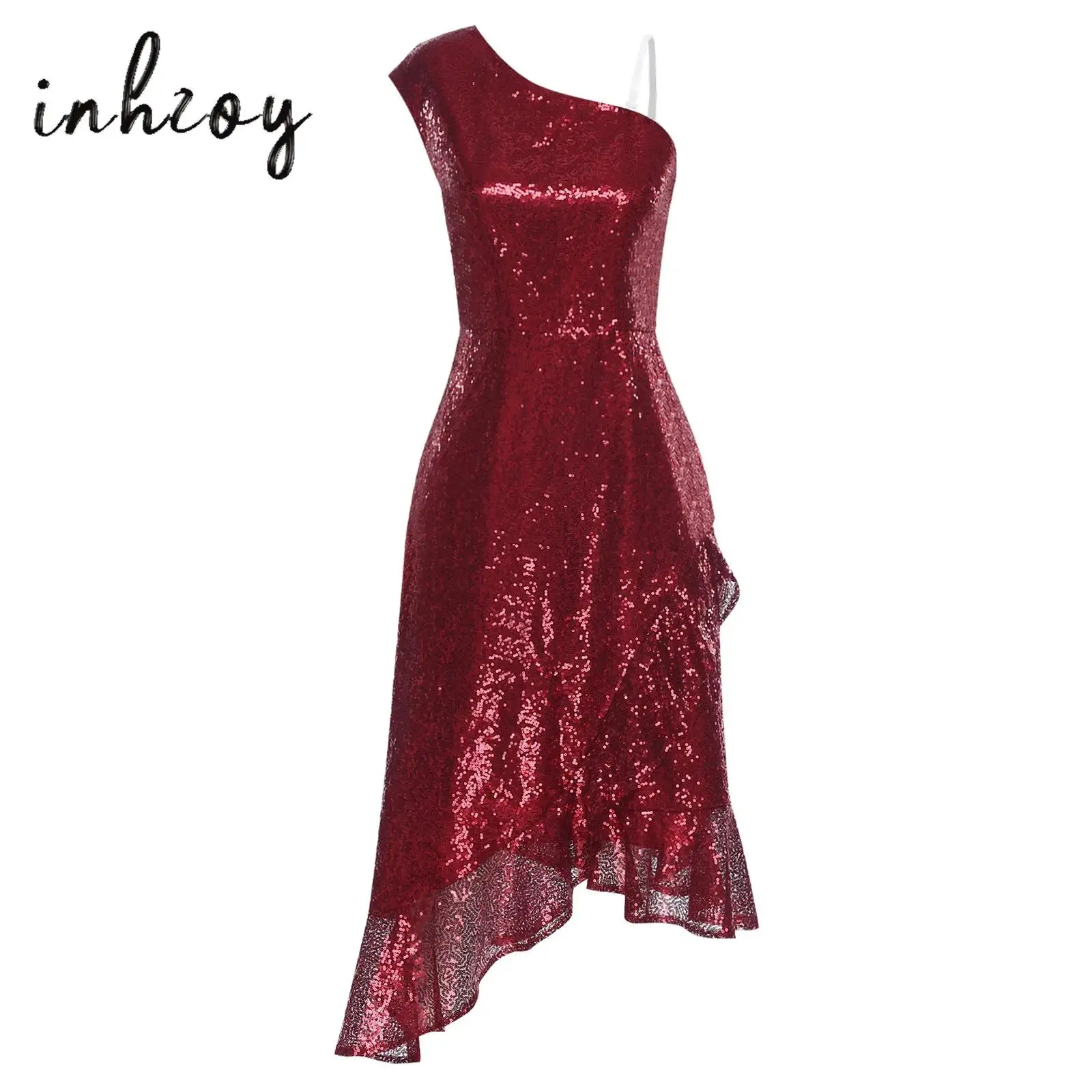 

Women's Dress Elegant Sleeveless One Shoulder Sequins Irregular Ruffled Hem Length Wrap Maxi Dress for Cocktail Wedding Party