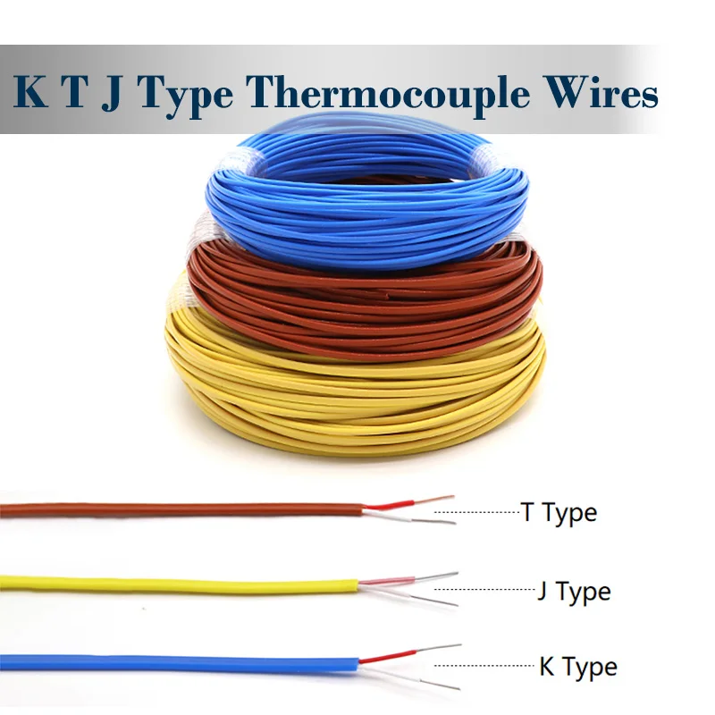 

K J T Type Thermocouple Wire 2 Cores High Temperature Measuring Compensation Cable PTFE Insulator Electronic Line 2/5/10/50/100m