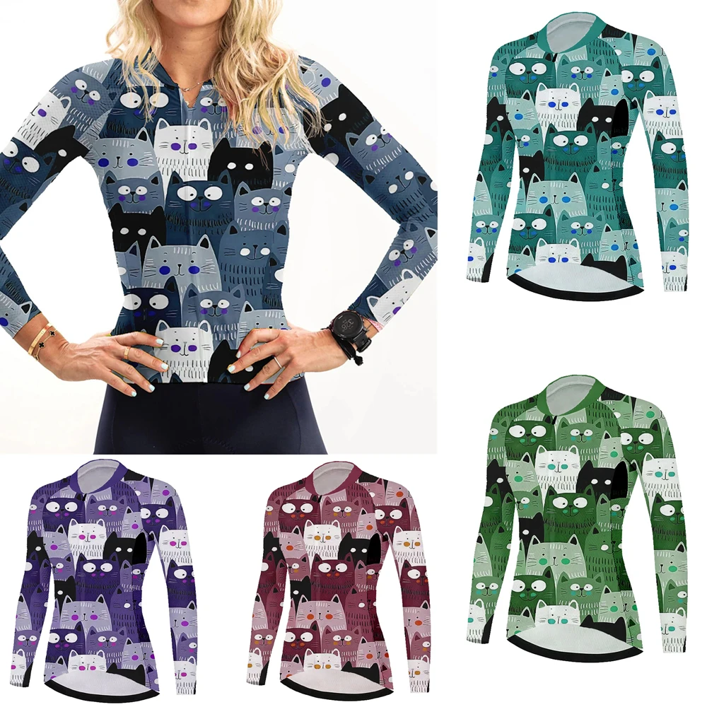 

Женский велосипедный трикотаж с длинным рукавом, зимний флисовый трикотаж без флиса Mtb, одежда для велосипеда с милым котом