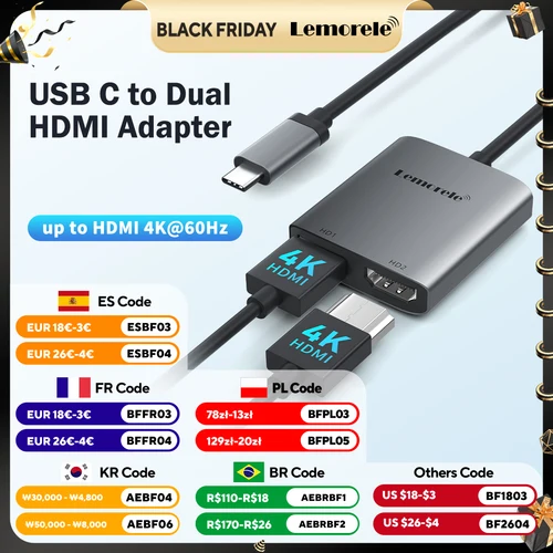 Imagen 1 del producto Lemorele-Hub con 2 puertos USB C a HDMI Dual, 4K, 60HZ, expansión de pantalla Dual, estación de acoplamiento tipo C para Macbook, ordenador portátil, teléfono móvil y PC