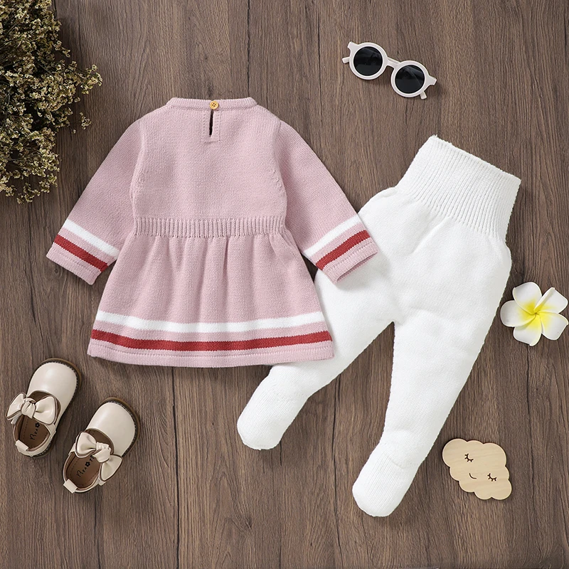 Girl Baby Clothes Sets Knitted Infant Kid Pullover +Pants Pink Fashion Tie Newborn Long Sleeve Sweater +Trousers Autumn Warm 2PC