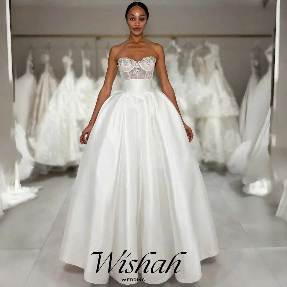 Wishah Customize Luxurious Weeding Dress Lace Strapless Sleeveless Lace-up Sheath Rhinestones Pleated A-line Vestido De Novia