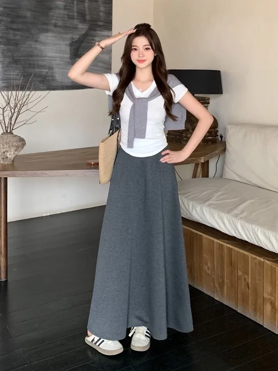 

plus Size Casual Set Summer New Design Elegant Shawl Short Sleeve T-Shirt Midi Skirt Fashionable Korean Style High Waist A-Li...