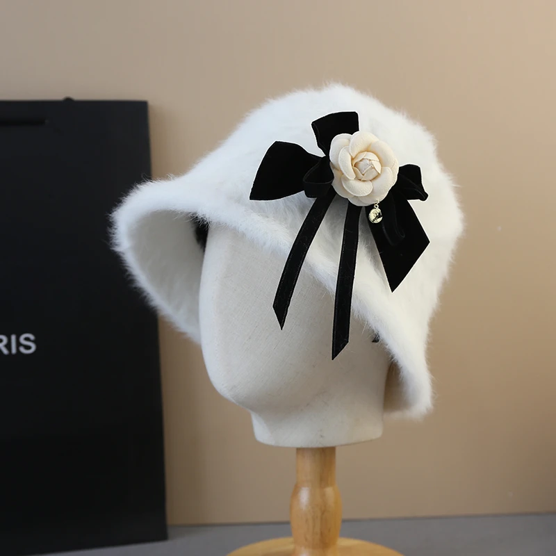 Winter Elegant  Flower Bucket Hat Woman Plush Angola Rabbit Fur Hat Lady Autumn Winter Ins Fashion Warm Hat ladies Fluffy Panama