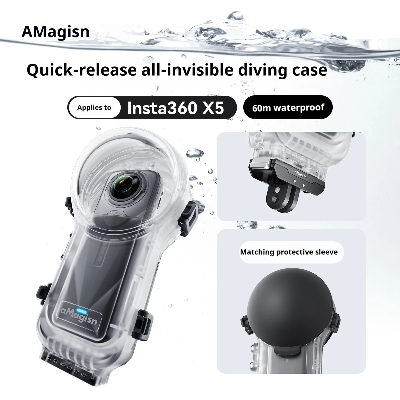 

For Insta360 X5/X4 aMagisn 60m Invisible Dive Case Quick Release Mount Diving housing lens hood for Insta360 X5 Camera accessory