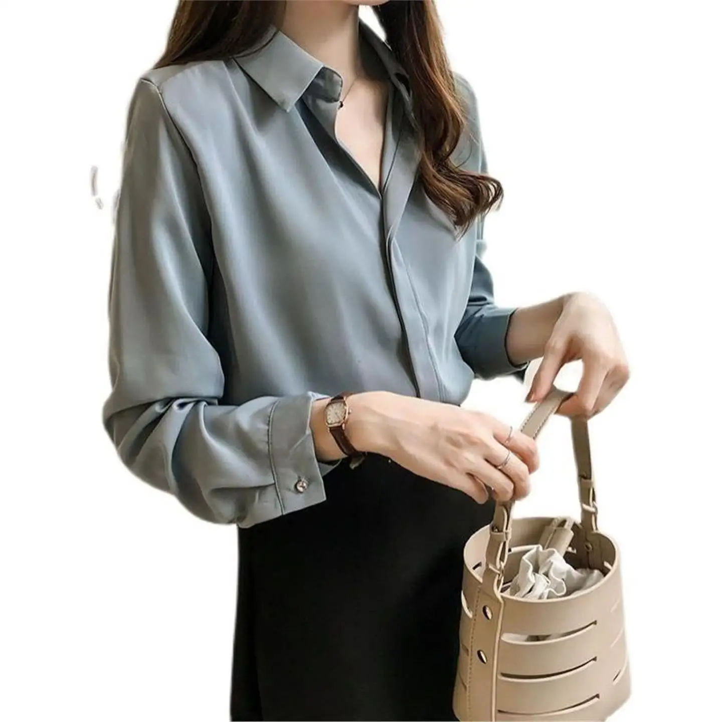 المرأة طويلة Sve الشيفون irt لون نقي قاعدة طبقة OL Sle زر حتى بسيط Ele ربيع الخريف العلامة التجارية الحرة ip