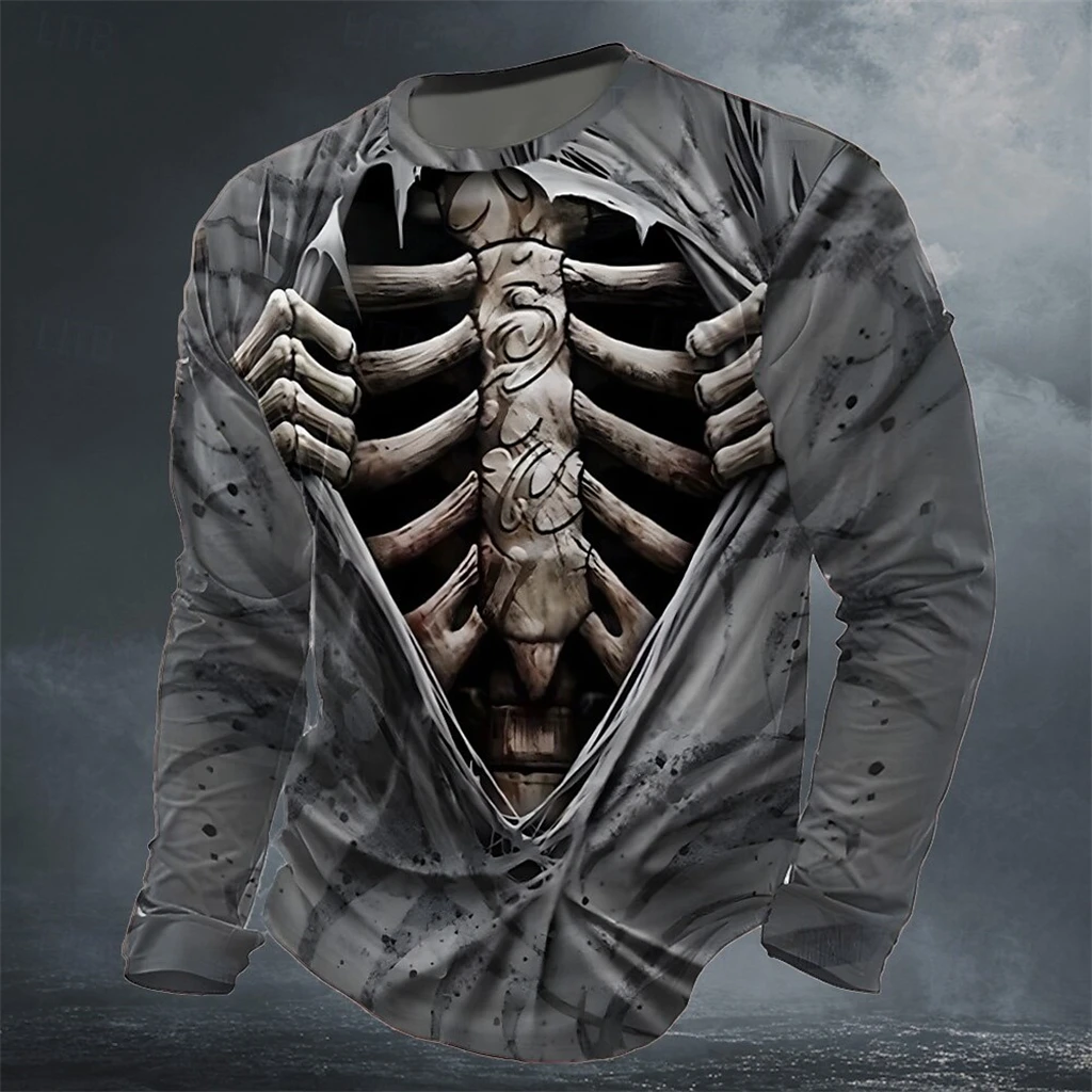 

2025 Fall Winter Halloween Skeleton Prints Long Sleeve T-Shirt for Men Gothic Trendy Streetwear Casual Tops Halloween Theme Tee